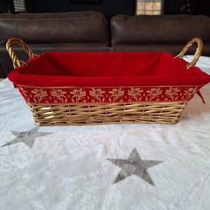 Christmas Wicker Handle Basket With Liner Embroidered Gold Angels Cherubs